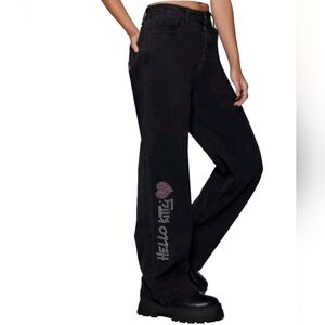 Hello Kitty Forever 21 Deadstock Black W Rhinestone Baggy Jeans Y2K NWT Size 30